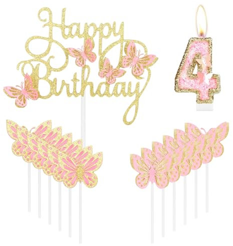 mciskin Gold Pink Happy 4th Birthday Candles,Butterfly Cake Decorations,Gold Pink Number 4 Candle for Cake Toppers Girls,Glitter Butterfly Topper for Girls' 4th Birthday Decorations