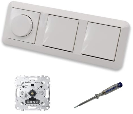 EBROM SET IDEE: Merten MEG5134-0000 LED Drehdimmer Dimmer + Dimmerscheibe MEG5250-0319 und 2 x Lichttaster MEG3150-0000 in polarweiß glänzend System M inkl. EBROM Phasenprüfer zur Montage der Geräte
