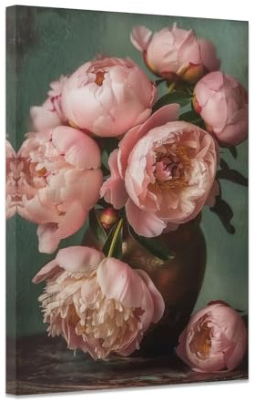 ZXHYWYM Retro Pfingstrosen Leinwandbilder Vintage Blumengemälde rosa Blumen Wanddruck für Schlafzimmer Badezimmer Bauernhaus Wohnzimmer mit Rahmen (D (40.00 x 60.00 cms))
