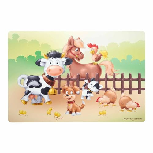 Ritzenhoff & Breker Platzset Hoftiere, Motive: Pferd - Kuh- Hund - Katze - Hühner, Tischset 45 x 30 cm, Platzmatte mit Tier-Motiv, Abwischbar