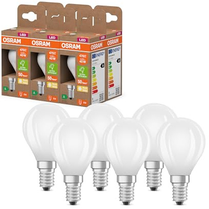 Osram Energy Class LED-Lampe in klassischer Miniballform, 2.2 W / 470 lm, EEK A, warmweißes Licht (2700 K), CRI 80, aus gefrostetem bleifreiem Glas, E14 Sockel, IP20, 45mm DM,6-Pack