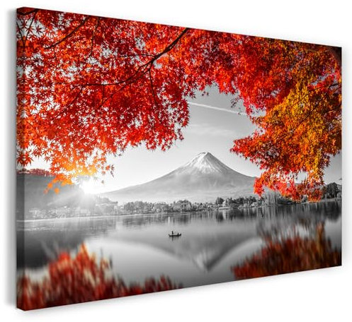 Printistico Impression sur toile (30x20 cm) Montagne au bord du lac, arbre aux feuilles d'érable rouge - photographie nature, paysage, cadre en bois véritable avec crochet,