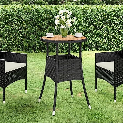 Wenjingqi-310602 Gartentisch, Akazienholz und Polyrattan, Schwarz, Ø 60 x 75 cm