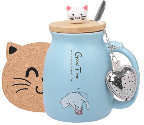 Thuro Tazza Gatto Tazza di caffè in Ceramica Carina con Infusore per tè,Coperchio,Cucchiaio Sottobicchieri,Tazza da caffè novità Natale Regalo per Gli Amanti dei Gatti Donne,450ml
