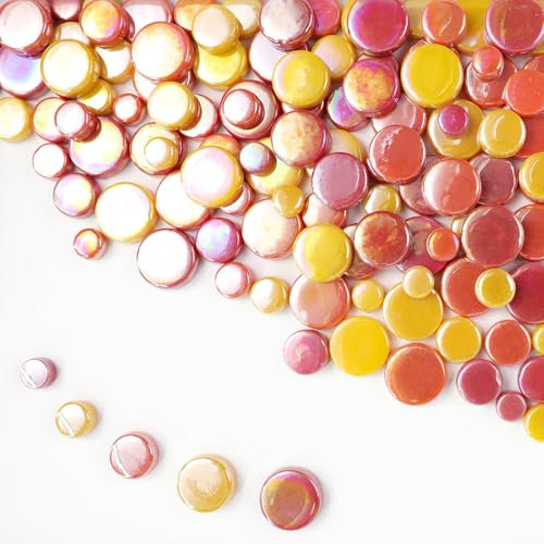 1 LB Penny Round Mosaic Tiles, 10mm ~20mm 5sizes Iridescent Rounds Recycled Glass Tiles Mix for Adults & Kids DIY Mosaic Making Garden Project (Red Orange & Yellow)