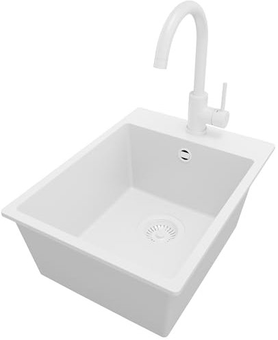PRIMAGRAN Fregadero Granito Todo Blanco 38x50cm, Cocina 1 Seno + Grifo 32x20cm + Sifón, Sobre encimera al mueble 40cm - Riga