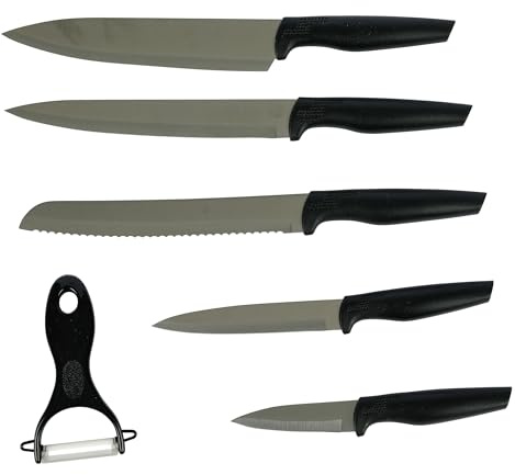 axentia 6-teiliges Messerset – Edelstahlklingen mit Kunststoffgriff in Schwarz, inkl. Geschenkverpackung – Kochmesser, Brotmesser, Fleischmesser, Universalmesser, Schälmesser, Sparschäler