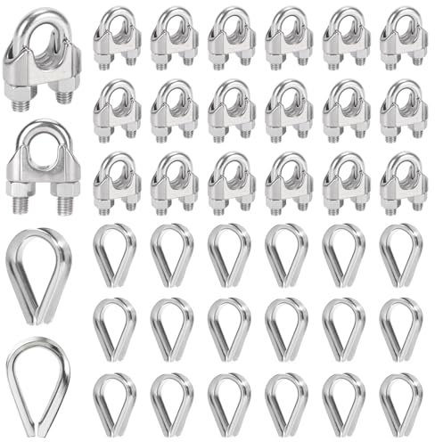 Idota 20 Piezas Abrazaderas para Cable Acero M5 e 20 Piezas Guardacabos de Acero, Clips de Cuerda de Cable Adecuado para Alambre de Ø 5 mm