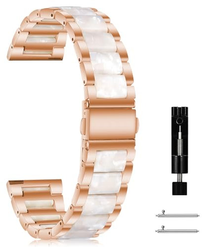 MaEiol 20mm Armband für Garmin Forerunner 570 42mm /Garmin Approach S50/Approach S44 / Vivoactive 6/5 /Forerunner 165/165 Music, Harz Armband Resin Edelstahl Metall Armbänder Business - Roségold+Rosa