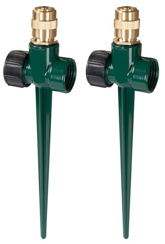 Hourleey Paquete de 2 aspersores de metal para césped, rociadores automáticos de latón para jardín en base de pinchos, boquilla de aspersor ajustable de 360 grados para gran cobertura de área, riego
