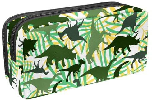 VAPOKF Federmäppchen, Federmäppchen, Schüler-Schreibwaren-Tasche für Teenager, Jungen, Mädchen, Schule, Bürobedarf – Grüner Jura-Dinosaurier, tropisches Blatt, multi, 2.3x8.2x3.9in/6x21x10cm,