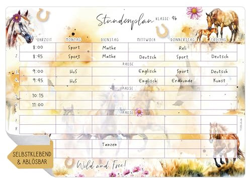 TOBJA Stundenplan abwischbar selbstklebend | Pferde Design DIN A4 | Wiederverwendbar für Schulanfang & Füllung Zuckertüte Mädchen (ohne Stift)