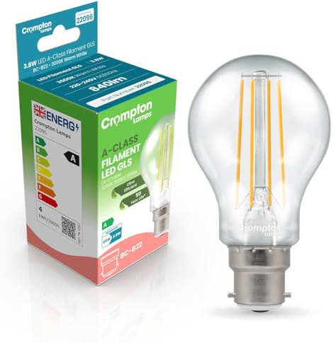 Crompton Lamps LED Ultra-Efficient GLS 3.8W BC-B22d Dimmable A-Class (60W Equivalent) 3000K Warm White Clear 860lm BC Bayonet B22 A-Rated Light Bulb