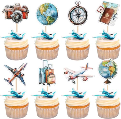 40 Stück Reise Thema Cupcake Toppers Das Abenteuer kann beginnen Tortendeko Kompass Karten Gepäck Flugzeug Kuchen Deko für Going Away Abschied Party Kuchen Dekorationen