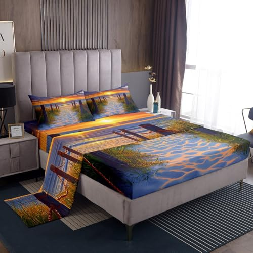 richhome Beach Theme Bed Sheets Set Single Size Kids Wood Green Plants Sunset Bedding Set for Boys Girls Teens Sea Ocean Wave Summer Coastal Natural Scenery Fitted Sheet Room Decor