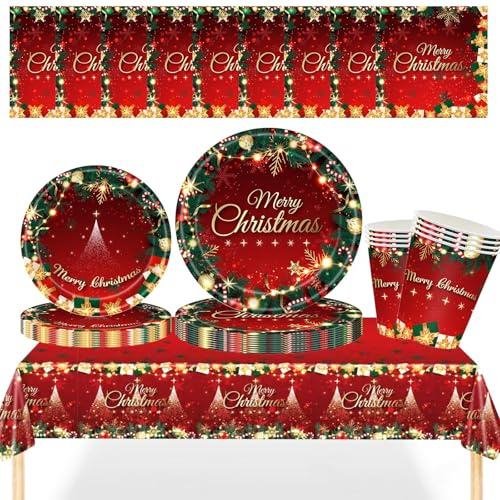 Set di stoviglie natalizie MOMAHUA da 69 pezzi per 16 ospiti, stoviglie di carta rosse per Natale con piatti, tazze, tovaglioli, tovaglia per decorazioni natalizie da tavola, accessori per feste di