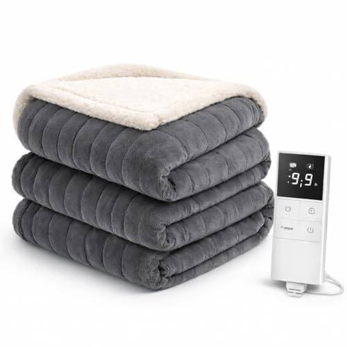 LEVSON Electric Blanket 160 x 120cm, Heated Throw with 9 Heat Settings, Memory Function, 1-9H Timer, 80W Fast Heating, Auto Temp Control, Auto Shut Off, Overheat Protection, Machine Washable Blanket
