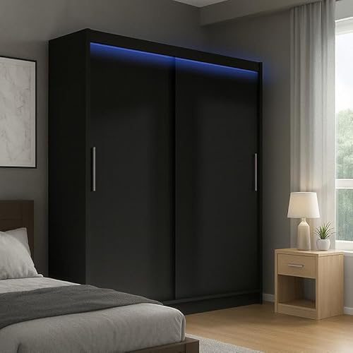 Agritrade AK BEGA I 180 Sliding Wardrobe with Hanging Rail and Shelves Black with LED Lights