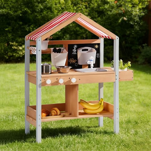 ROBOTIME Mud Kitchen with Canopy and Removable Planting Box, Ages 3+ | Wooden Outdoor Playset with Sink, Oven, Chalkboard, Storage and Planting Tools for Role Play, Prentend Cooking Set
