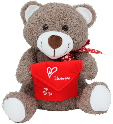 Gdecora Teddybär mit rotem Umschlag für persönliche Nachricht, 25 cm, romantisches Geschenk zum Valentinstag und Muttertag, Teddybär mit Karte I Love You, Plüschtiere für Liebhaber und Paare
