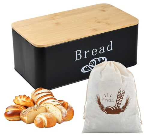 Joyan Panera Metálica con Tapa de Bambú y Bolsa de Algodón - Caja de Pan de Diseño Moderno con Ventilación para Mayor Frescura - Paneras para Guardar el Pan y Bollería en la Cocina