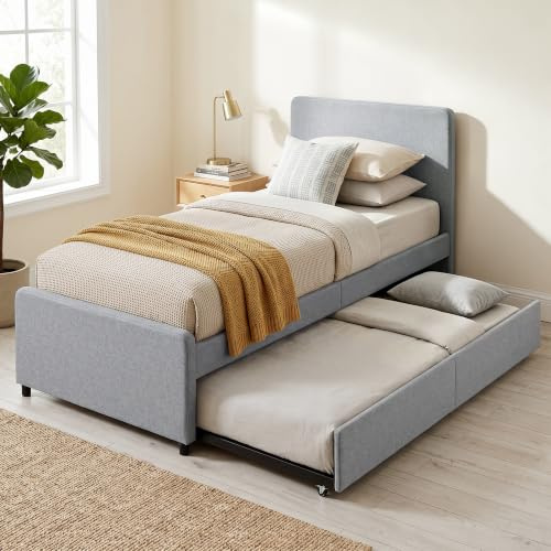 HOMCOM 3ft Single Bed Frame with Trundle Upholstered 90 x 190 cm Light Grey | Pull Out Trundle Bed, Headboard and Footboard, for Adults & Teenagers, No Mattress