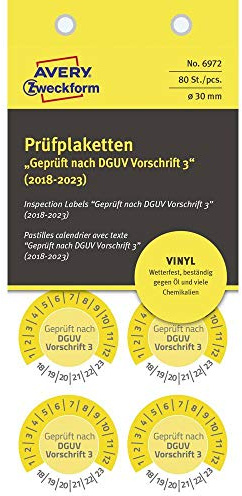 AVERY Zweckform 6972 widerstandsfähige Prüfplaketten 2018-2023 (stark selbstklebend, Kleinformat, Ø 30 mm, 80 Aufkleber auf 10 Blatt) gelb