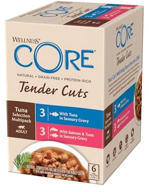 Wellness CORE Tender Cuts, Thunfisch Selection mix, 6 x 85 g, Nassfutter für ausgewachsene Katzen in Sauce, ohne Zuckerzusatz, getreidefrei, mit hohem Fleischanteil