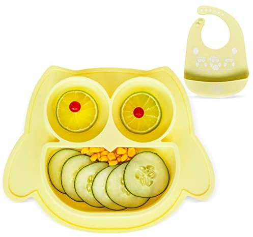 brunoko Saugnapf-Babyteller mit Lätzchen, Gelb - Silikon Tischset Kinder - Contador infantil rutschfest, geeignet für Spülmaschine & Mikrowelle - Entworfen in Spanien