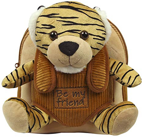 PERLETTI Kuscheltier Rucksack für Kinder mit Tiger Plüschtier - Pluschspielzeug Weich Flauschig Kindergarten Schultasche mit Tasche für Plüsch Tier - 3 4 5 Jahren Baby Kindertasche 27x21x9 cm (Tiger)
