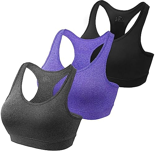 HBselect 3stk Sport BH Bustier Damen Bralette Nathloser mit Polstern Sportbekleidung ohne Bügel atmungsaktiv Joggen Yoga Jumping Fitness (Schwarz Lila Grau, XL)