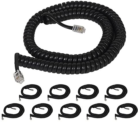 Spiralkabel für PBX-Telefone, VoIP-Telefone – 3,6 m abgewickelt, RJ22, 3,8 cm Kabel an beiden Enden, glänzendes Schwarz, 10 Stück
