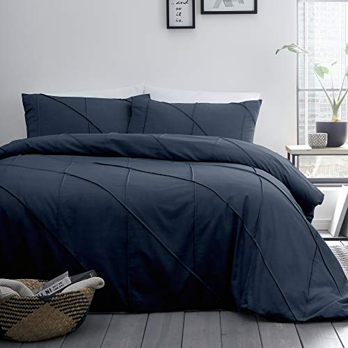 Serene – marineblauer Diamant-Bettbezug mit Quetschfalten – Super-Kingsize-Bettwäsche (260 x 220 cm) – Luxus-Bettwäsche in Dunkelblau – marineblauer Bettbezug mit Biesen – modernes