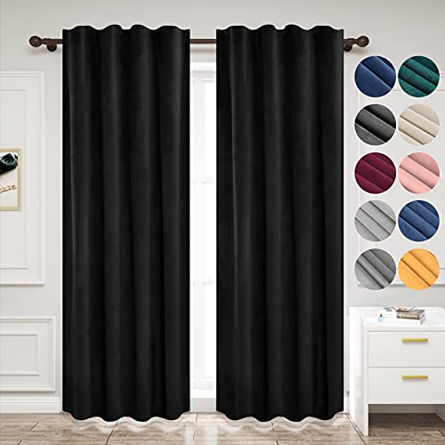 WOLTU 2 Stücke Samtvorhänge, für Schlafzimmer Wohnzimmer, Verdunklungsvorhang mit Kräuselband Thermogardine, 300 g/m² Schwere Samtige, 140 x 225 cm, Schwarz