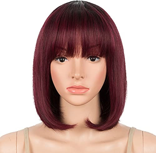 DÉBUT Echthaar Perücke mit Pony kurz Perücke Bob Pixie 10A brasilianisches Virgin Remy Hair 25 cm 103g (25 cm, TT1B/99J)