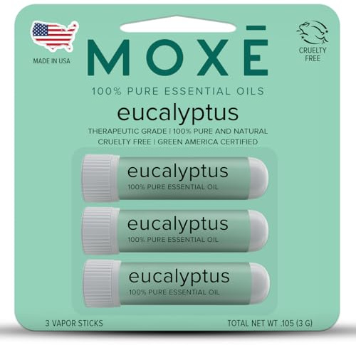 MOXĒ Eucalyptus Essential Oil Nasal Inhaler, Sinus & Congestion Relief, Daily Relaxation, Stress Relief, Therapeutic No-Mess Aromatherapy, Pure and Natural, Made in USA (3 Pack) packaging may vary