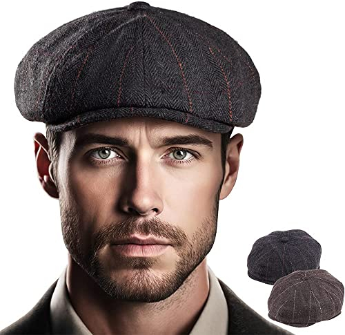 LADYBRO Newsboy-Mützen für Herren, kariert, Efeu, Tweed, Peaky Blinders, 2 Stück, Plaid Schwarz + Dunkelbraun, 2 Stück, 6 7/8-7 1/4
