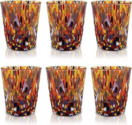 MAZZEGA ART & DESIGN - 6 Bicchieri Tumbler Classic in Vetro Soffiati e Lavorati a Mano con Murrine di Murano, linea “I Colori di Murano” 350 ml. Made in Italy (ROSSO, 6)