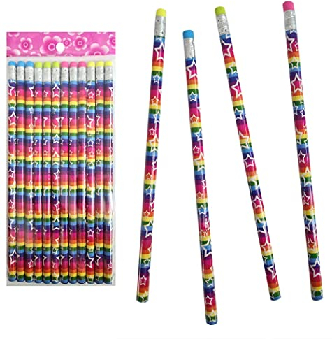 12er Set Bleistifte Regenbogen mit Sternen und farbigem Radiergummi - ca. 19cm