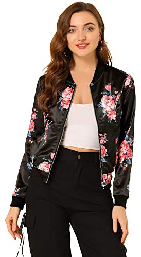 Allegra K Veste Bomber Femme Col Montant Zippé Imprimé Floral Costume d'Halloween Noir fleur rose L
