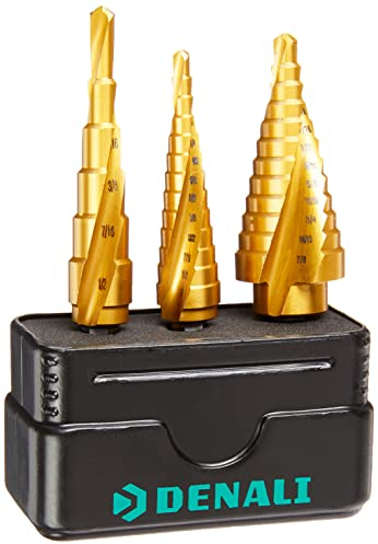 Marca Amazon - Denali brocas escalonadas de Acero inoxidable, 3 Unidads, 3-13, 5-13, 5-22 mm, Dorado