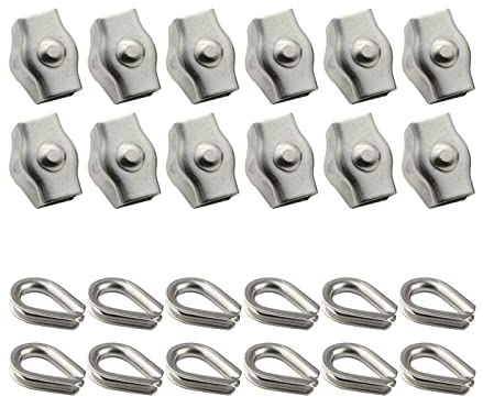 Jrzyhi 12 set Simplex Klemme und Drahtseil Kauschen M3 Drahtseilklemme 304 Edelstahlseil Clip Kabelklemme für Wäscheleine Markisenbefestigung