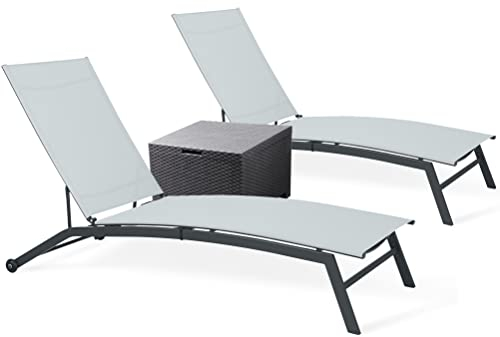 Ondis24 Sonnenliegen 2er Set mit passendem Beistelltisch und Kissenbox im Rattan Design Metall Relaxliegen Pool Set