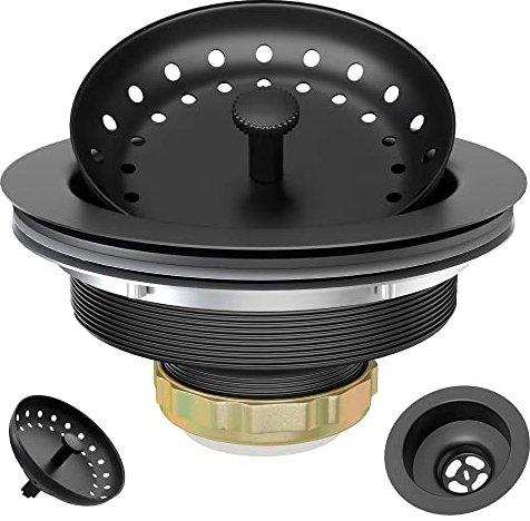 EXAKEY Black Sink Drain 3-1/2 Inch Matte Black Kitchen Sink Drain Strainer Assembly Kit with Strainer Basket and Drain Stopper for Standard Kitchen Sink Stainless Steel