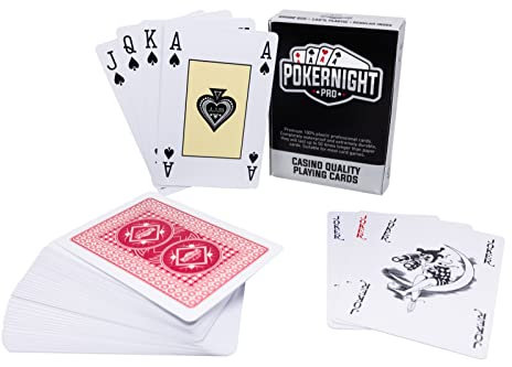 Poker Night Pro Plastik Spielkarten Professioneller Wasserfester (Rote Rückseiten) | 55 Stück Pro Deck Inklusive 3 Jokern | 4 Eckzeichen| Casino Qualität