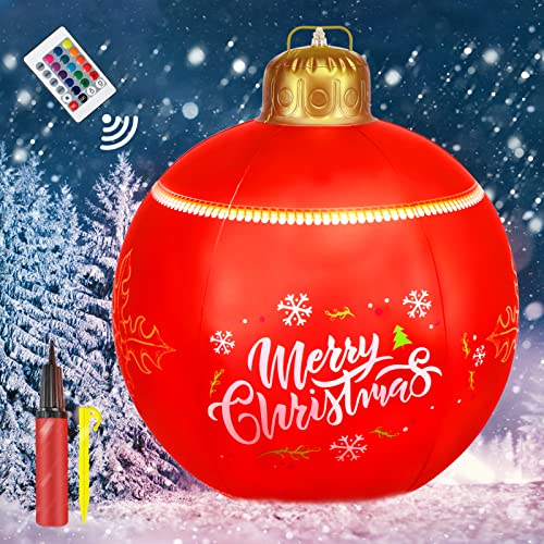 Hysagtek 60CM Beleuchteter Aufblasbarer Weihnachtsball mit Erdspießen und Pumpe, Riesiger Aufblasbarer Weihnachtskugeln im Freien mit LED-Licht und Fernbedienung, Rot