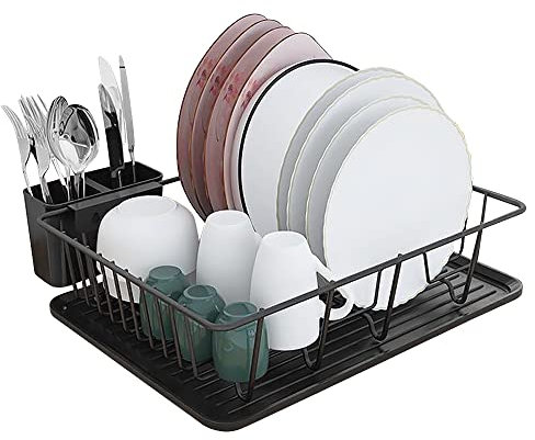 Shackcom Abtropfgestell Geschirr Schwarz Geschirrabtropfer mit Besteck Halterung und Abtropfschale aus Plastik Dish Drying Rack Geschirrtrockner Tropfschale für Teller Tassen Besteck-43x32x12cm