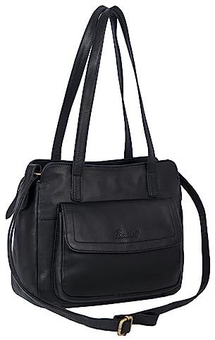 Benthill Handtaschen Damen Leder | Henkeltasche mit Umhängegurt | Vintage Echt Leder Damentasche | Umhängetasche, Farbe:Schwarz