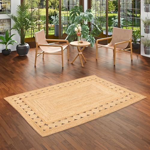 Pergamon Jute Teppich Salsa Geflochten Bordüre Beige - Handgefertigt aus strapazierfähiger Naturfaser - Schlichtes Design Beige - Verschiedene Größen und Formen verfügbar