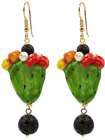 MARARDI Ohrringe Damen Italienische Keramik aus Caltagirona [Kaktus mit Vulkangestein] Lange Handmade Italienischer Schmuck Elegant Originale für Alltag Events Hochzeiten besondere Anlässe